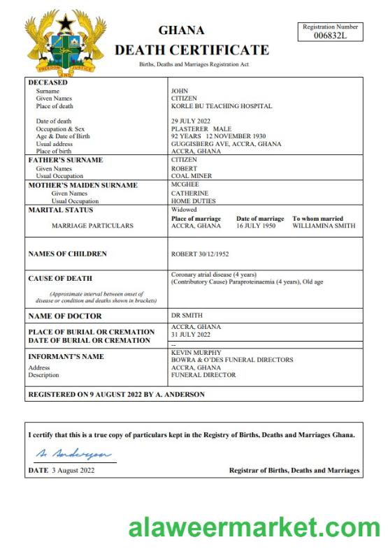 Ghana vital record death certificate Word and PDF template